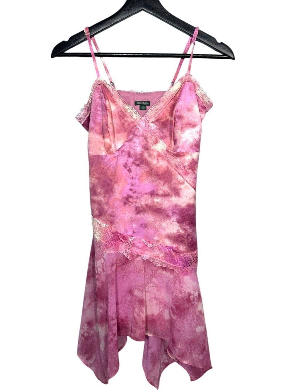 Y2K Fairycore Coquette Pink Ombré Slip Dress Lace Trim Handkerchief Hem Sz XS